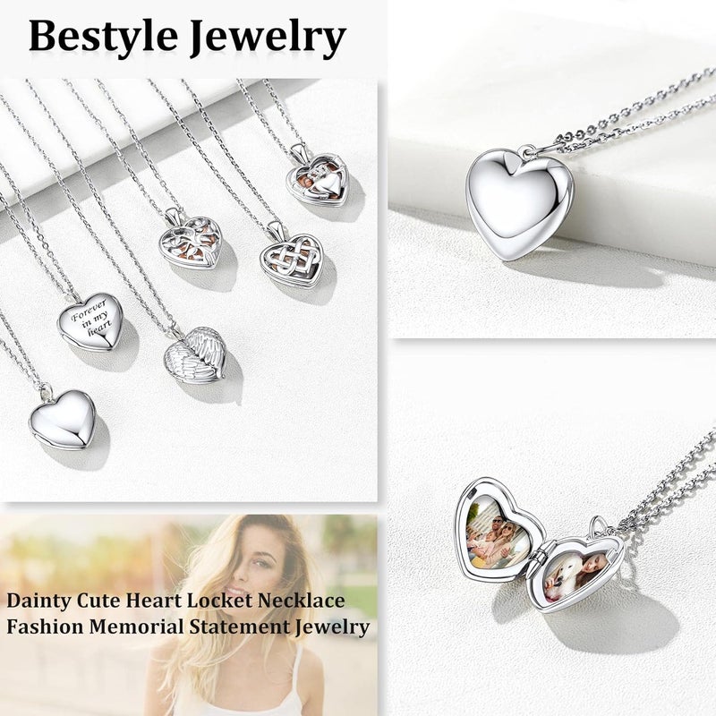 Bestyle Sterling Silver Heart Locket Necklace for Women, Dainty Cute Small Heart Locket Pendant in Gold/Rose Gold/Silver, Love Statement Jewelry Gift for Mother Wife - Image 1